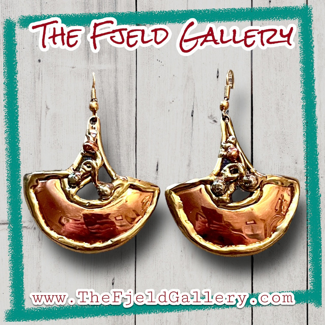 Vintage Barbaric Brutalist Arts & Crafts Copper & Brass Geometric Dangle Earrings