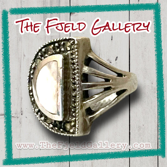 Mother of Pearl Art Deco Half Moon Sterling Silver & Marcasite Vintage Ring