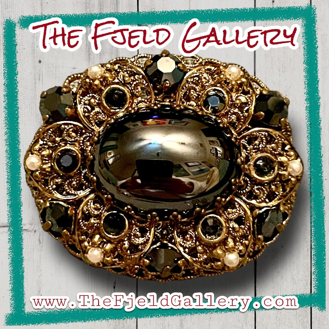 West German Brass Filigree Hematite & Pearl Brooch