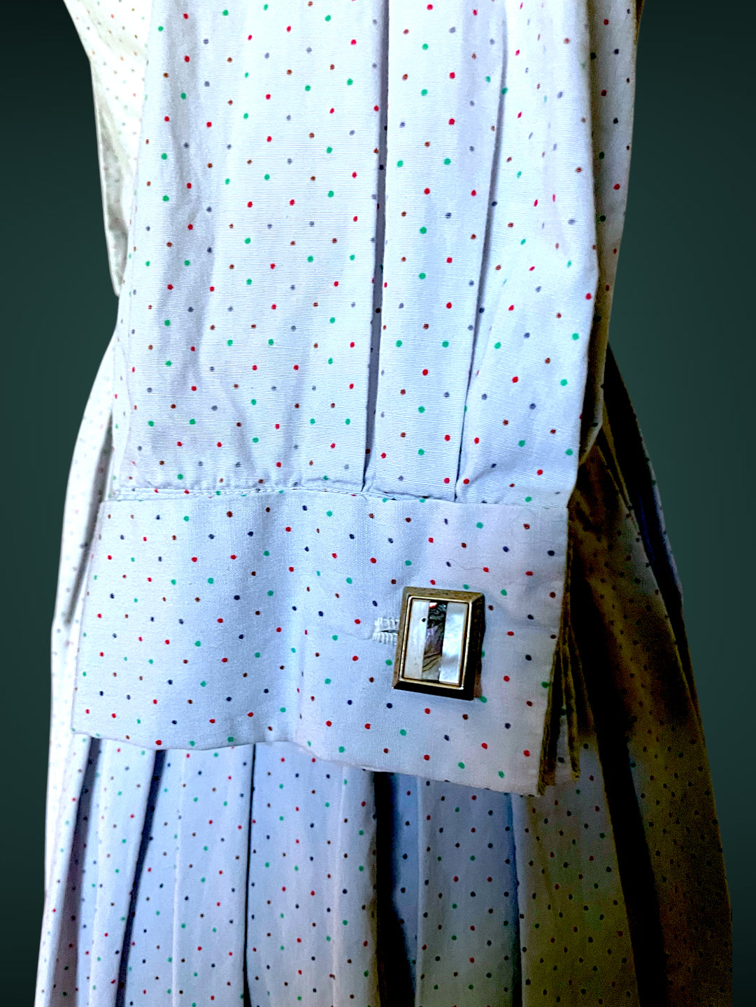 1960 A-Line Red, Blue & Green Polka Dot Button up Shirt Full Skirt Pocket Dress