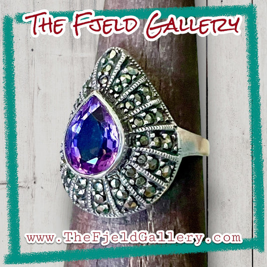 Amethyst & Marcasite Art Deco Teardrop Sterling Silver Dome Ring