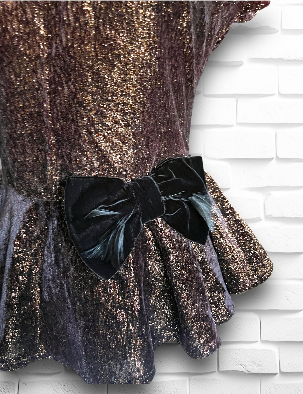 1980 Copper Metallic Peplum Blouse w/ Velvet Bow, Keyhole Back & Black Buttons