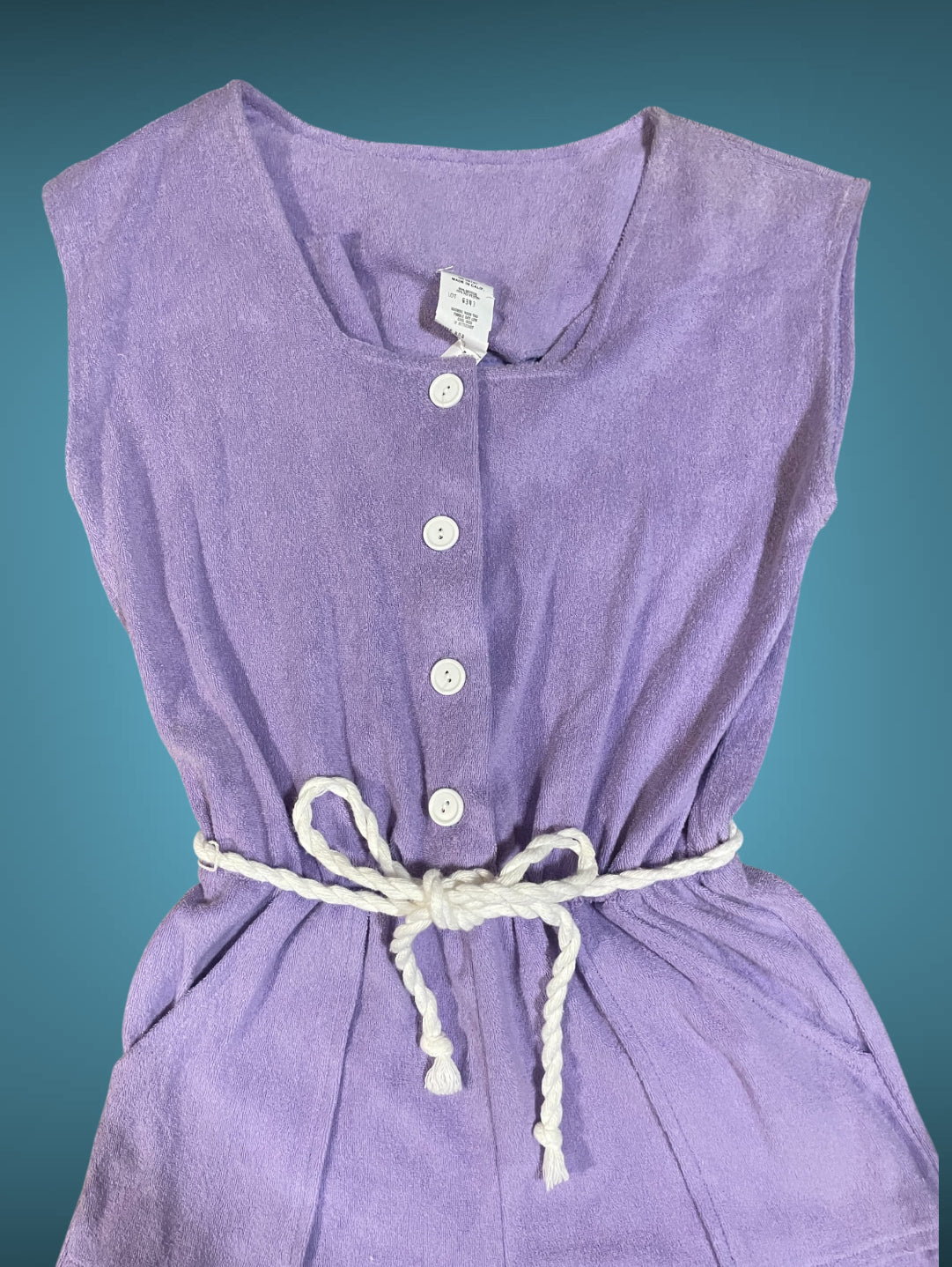 Vintage 1990’s Purple Terrycloth Button Up Jumpsuit Romper w/ Pockets