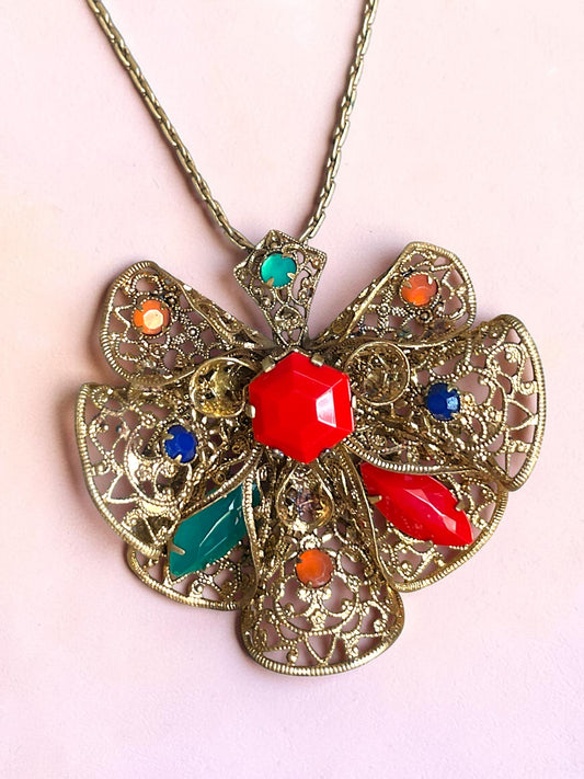 Czechoslovakian Red, Blue, Green & Orange Faceted Art Glass Brass Filigree Necklace
