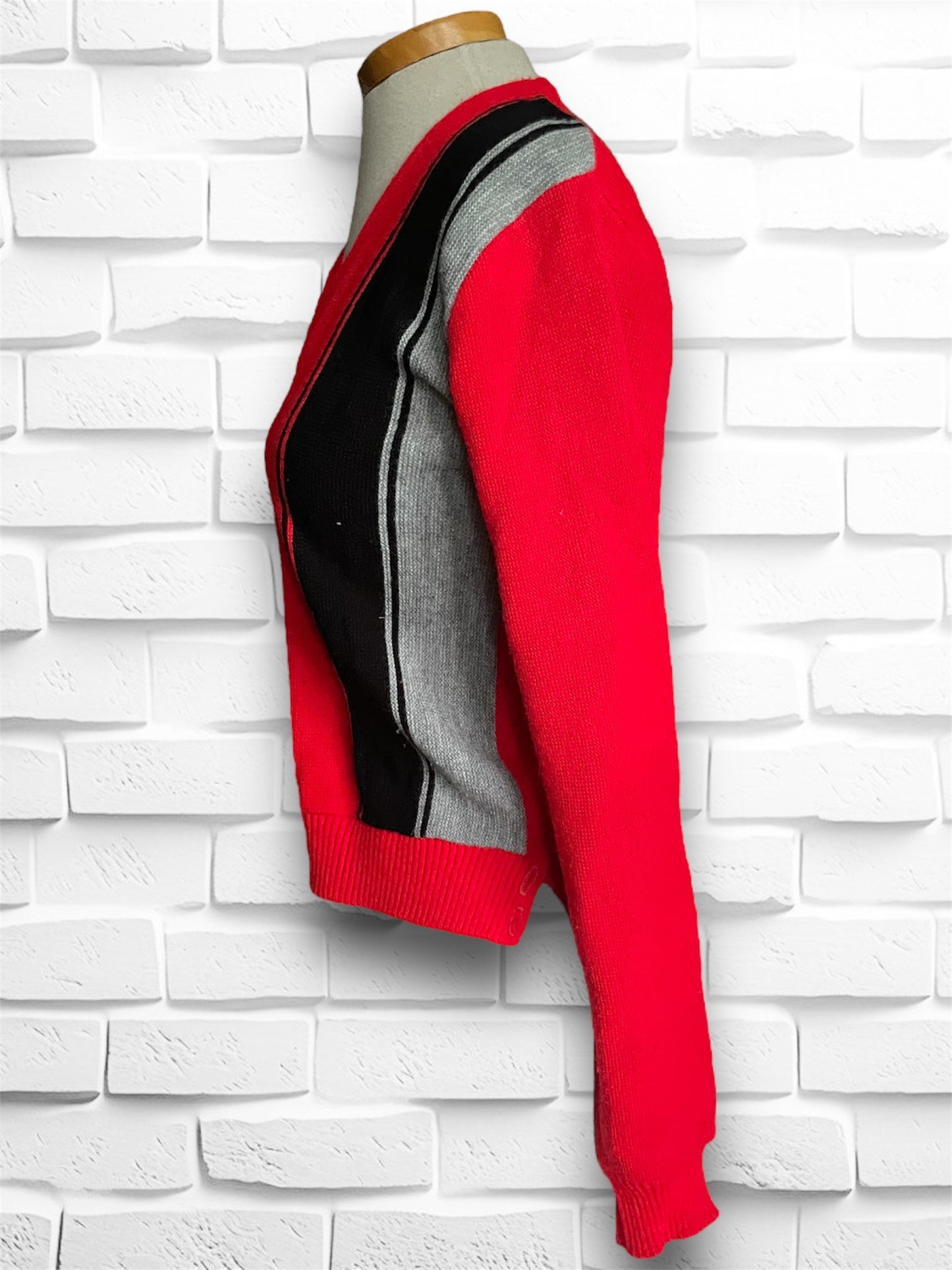Vintage 1960’s Grandpa Cardigan Sweater; Red, Black & Grey