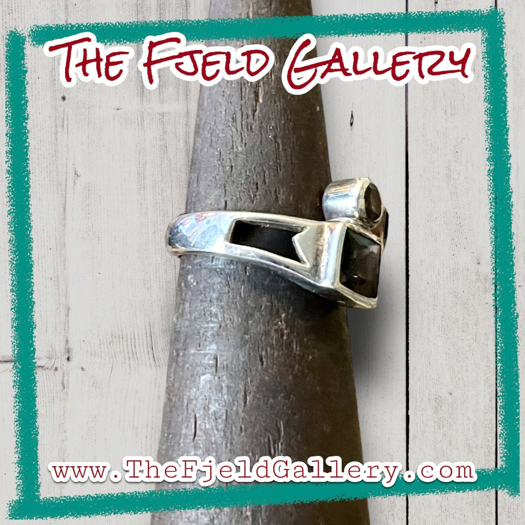 Smokey Topaz 3 Stone Bezel Set Geometric Sterling Silver Ring
