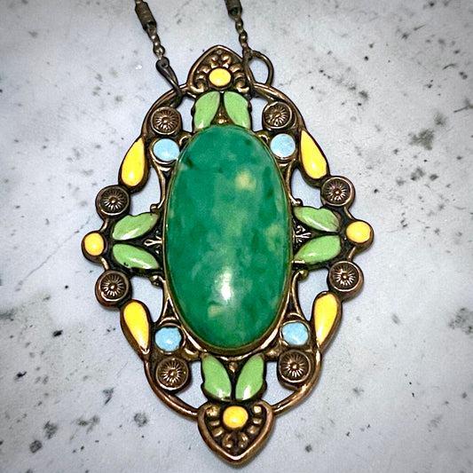 Czech Brass Green Peking Art Glass Yellow & Green Enamel Brooch Pendant Necklace