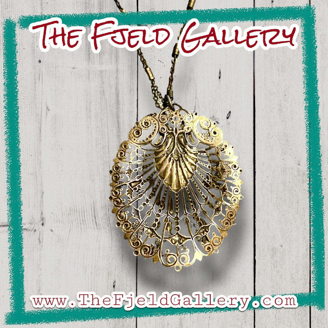 Czechoslovakian Blue Hubble Art Glass & Enamel Brass Filigree Necklace