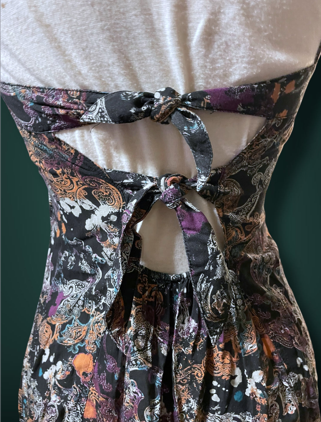 1990’s Black & White Paisley Print w Purple, Teal & Rust Bleach Splash Sundress