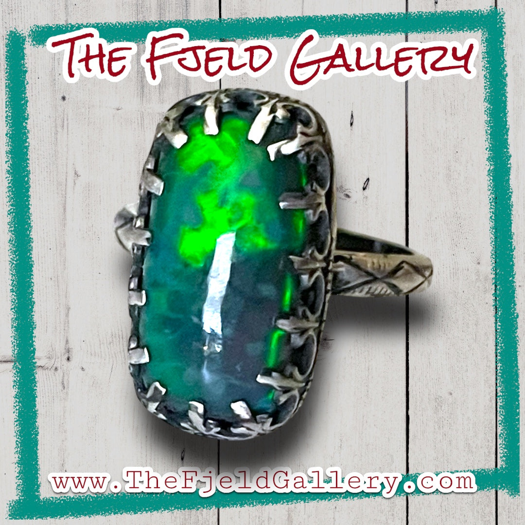 Handmade Ethiopian Black Green Opal Gemstone Sterling Ring