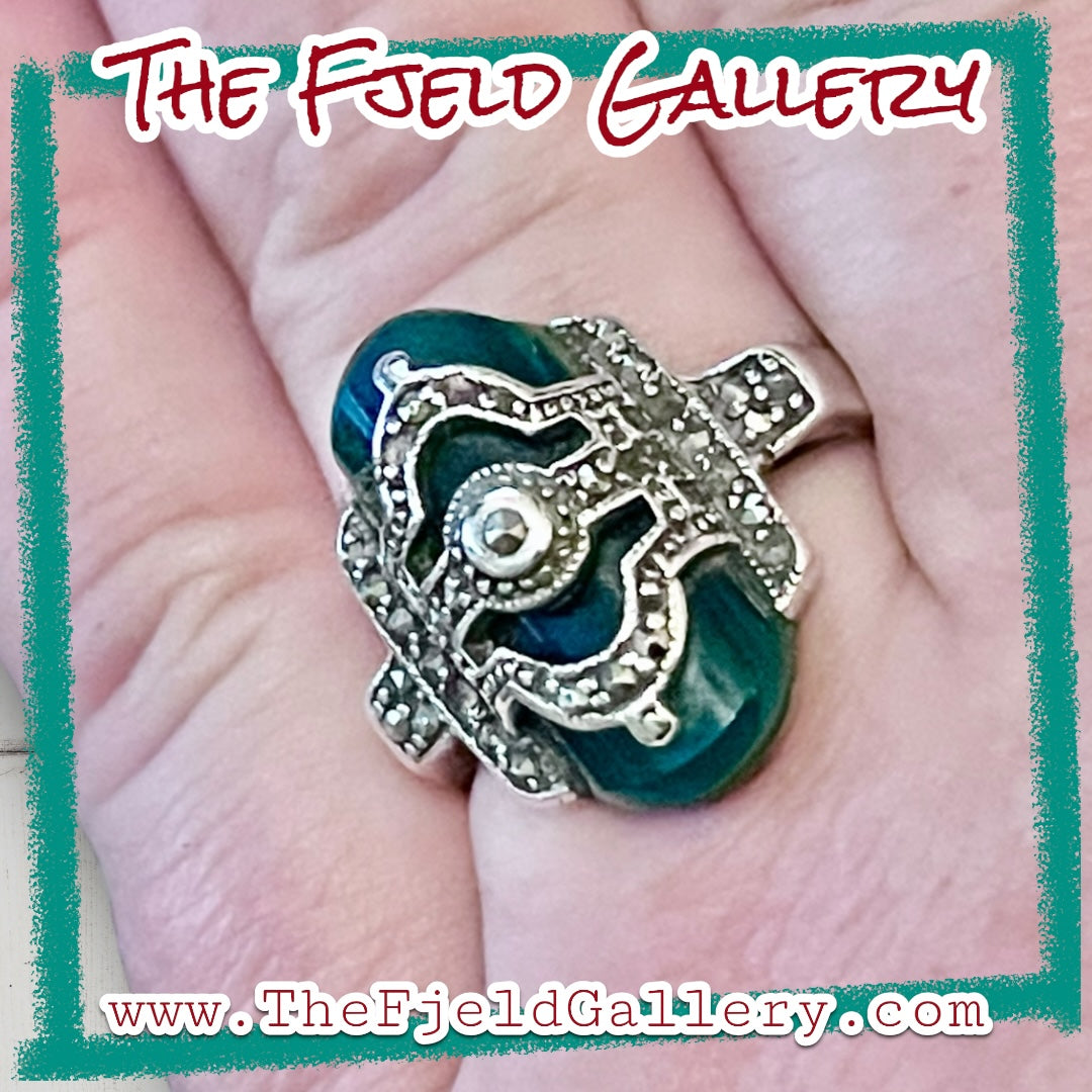 Chrysoprase Unique Art Deco Sterling Silver & Marcasite Overlay Ring