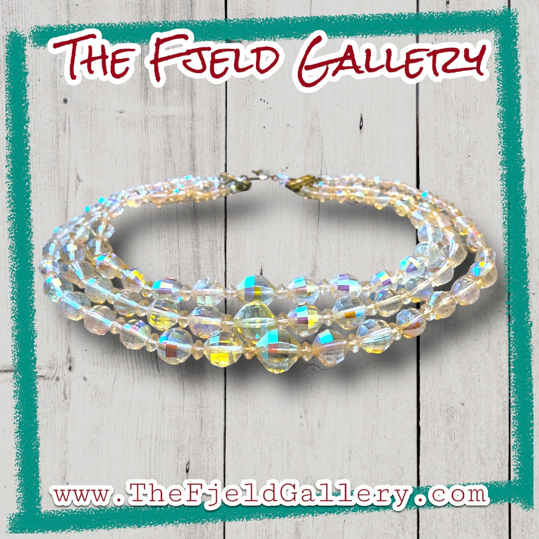 1950’s Hollywood Regency Aurora Borealis Crystal 3 Strand Necklace & Earring Set
