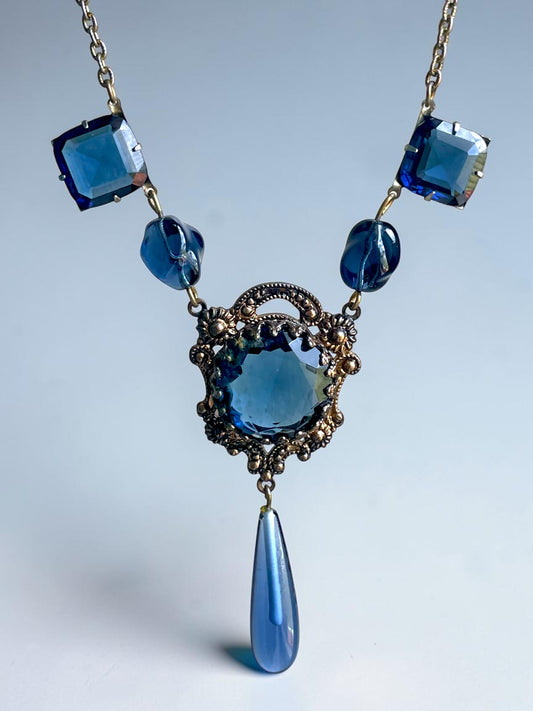 Art Nouveau Saphire Blue Czech Art Glass Brass Filigree Necklace