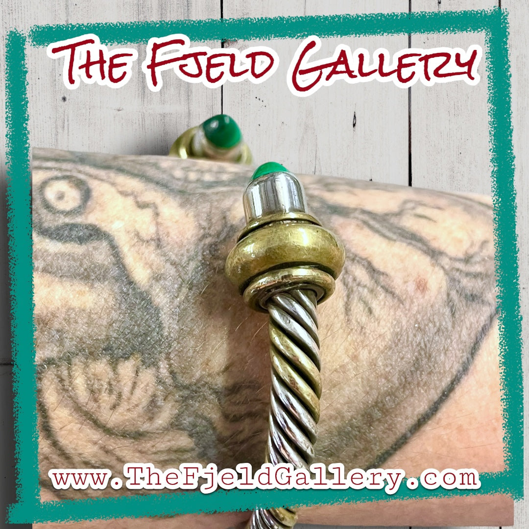 Malachite Taxco Sterling Silver & Brass Twisted Cable Cuff Bracelet