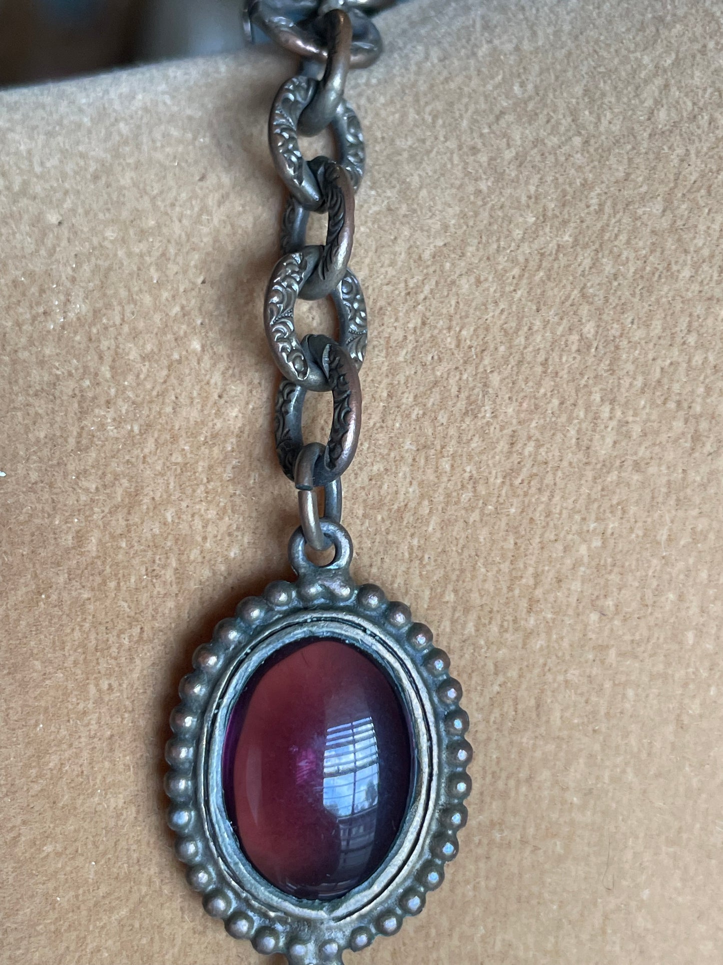 Art Nouveau Woman’s Face Flowing Hair Brass Purple Art Glass Long Necklace