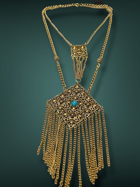 Art Nouveau Czech Gold Filigree Chestplate Turquoise Chain Dangle Festoon Necklace