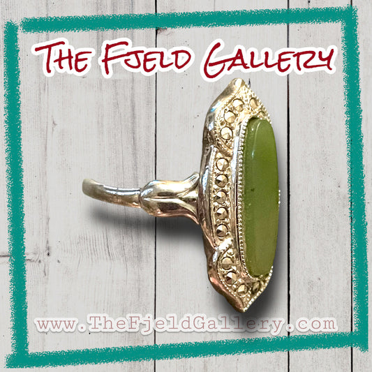 Chrysoprase Art Deco Sterling Silver & Marcasite Vintage Ring