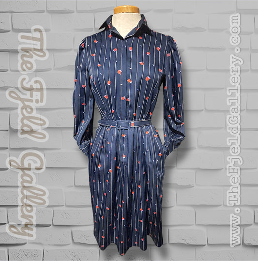 1970’s Navy Blue Pinstripe, Red & Purple Pattern Long-sleeve Pocket Belted Dress