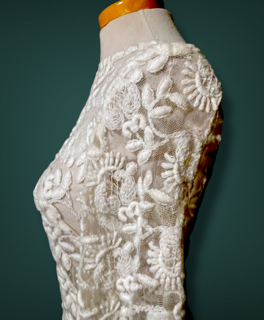 1960’s Embroidered Ivory Lace Mod Short Dress with Bell Bottom Sleeves