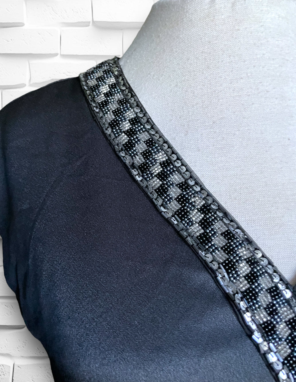 1990’s Vintage Black Satin Blouse w/ Black & Silver Seed Bead & Sequin Collar