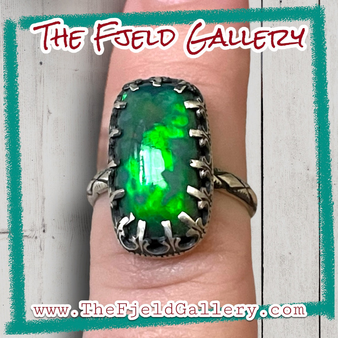 Handmade Ethiopian Black Green Opal Gemstone Sterling Ring