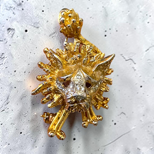 Vintage Hollywood Regency Gold & Silver Articulating Crystal Figural Lion Convertible Brooch/Necklace Pendant