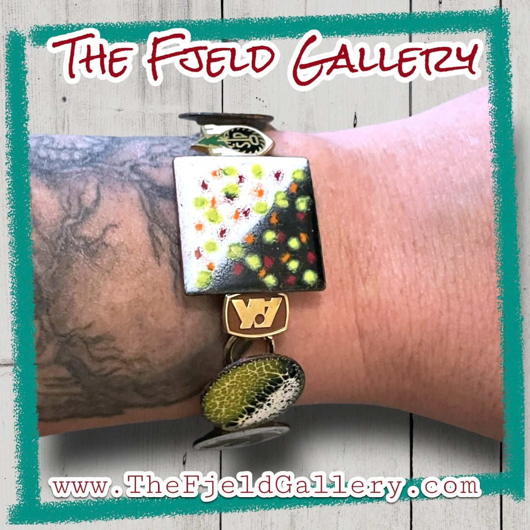 Unique Enamel Copper Link Vintage Bracelet Black, White & Lime Green Chartreuse