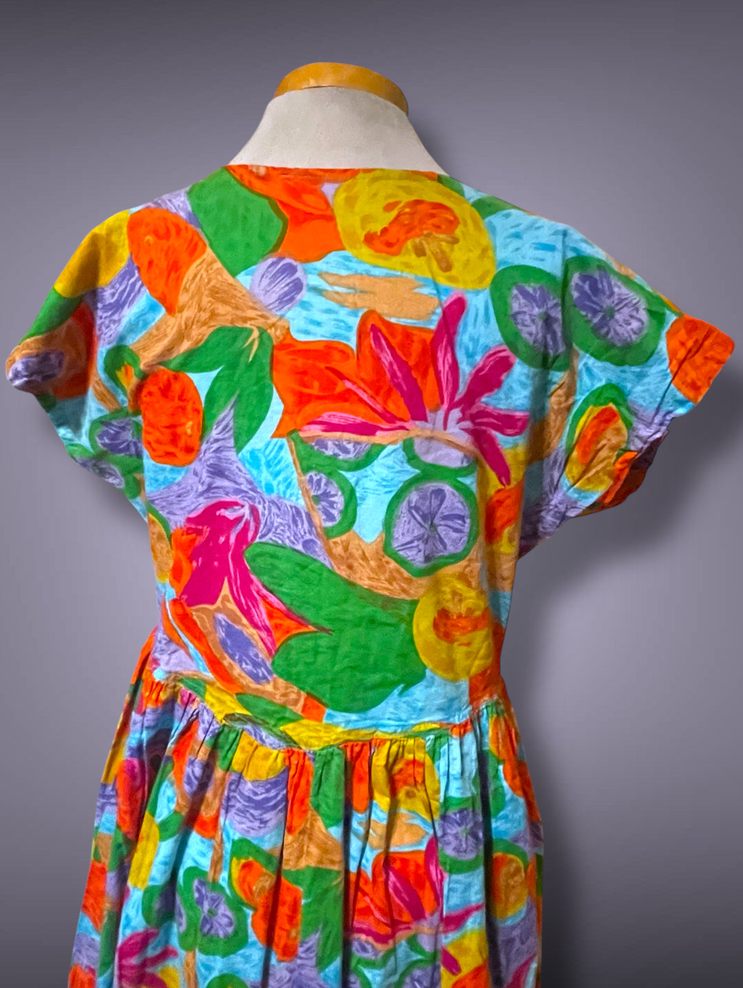 1990’s Bright Rainbow Flower & Fruit Pattern Button Bust Pocket Dress