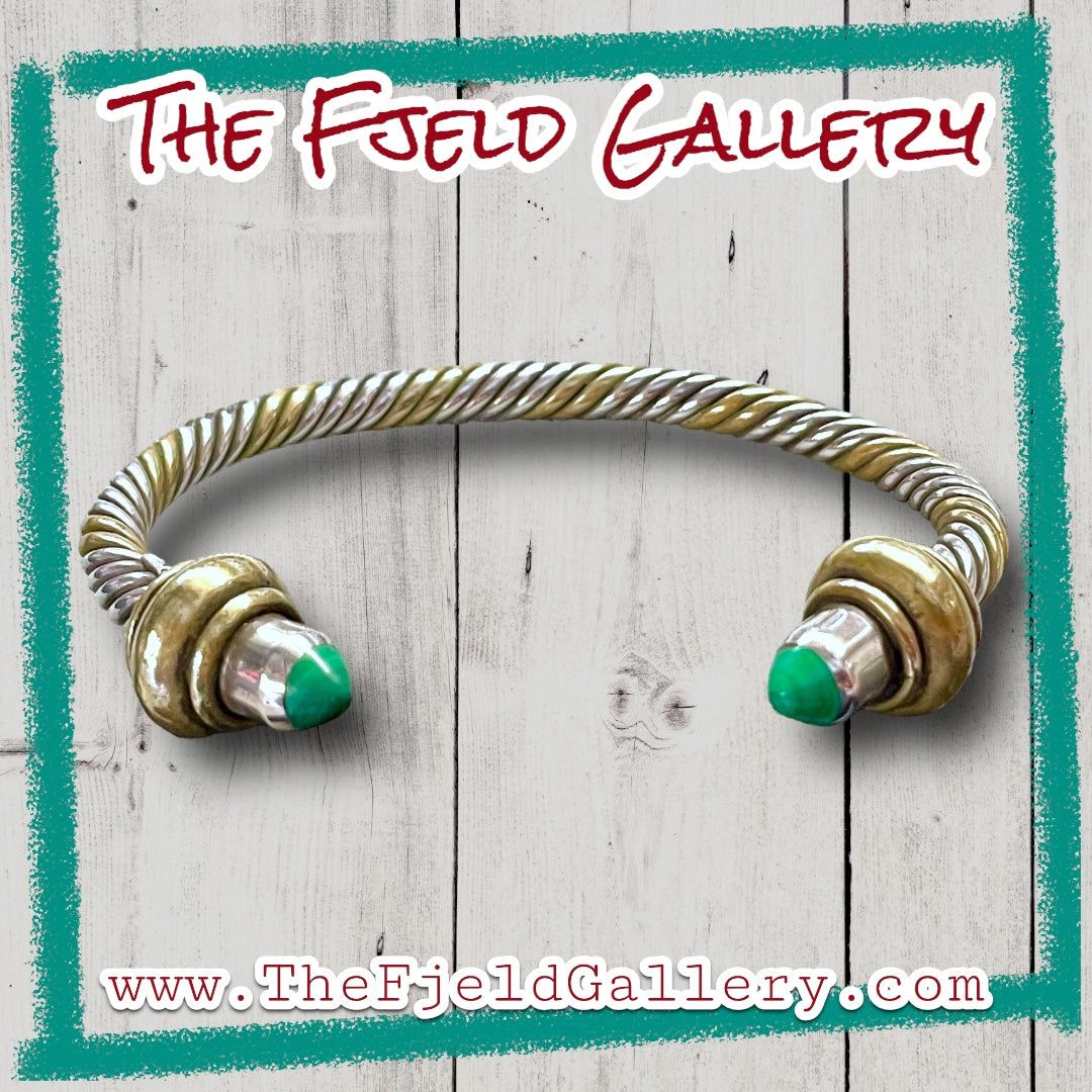 Malachite Taxco Sterling Silver & Brass Twisted Cable Cuff Bracelet