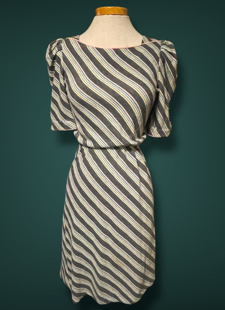 Vintage 1980’s Knit Grey & Pastel Pink, Blue, & Yellow Striped Dress