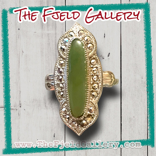 Chrysoprase Art Deco Sterling Silver & Marcasite Vintage Ring