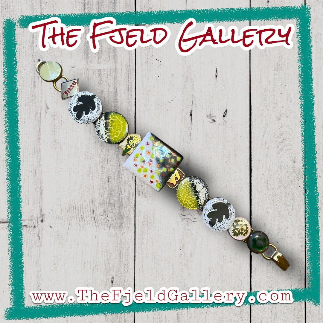 Unique Enamel Copper Link Vintage Bracelet Black, White & Lime Green Chartreuse