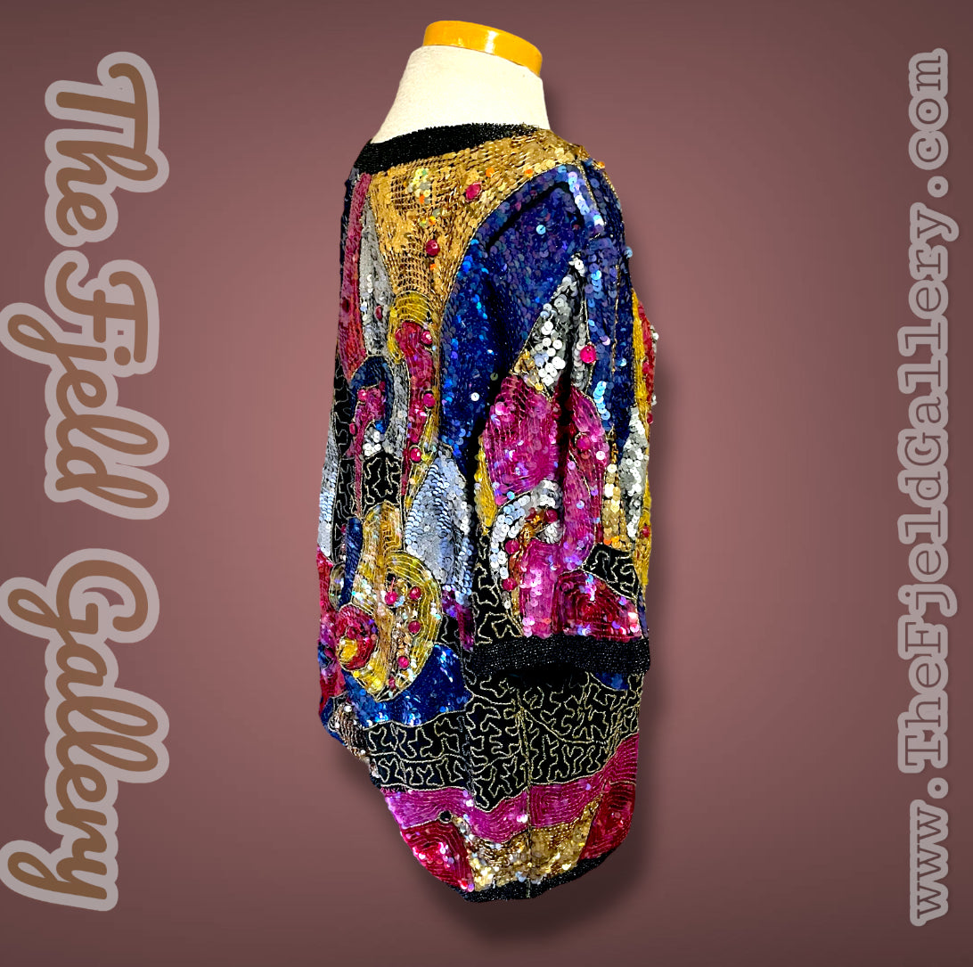 1970’s 100% Silk Sequin, Glass Seed Bead & Rhinestone Abstract Rainbow Top
