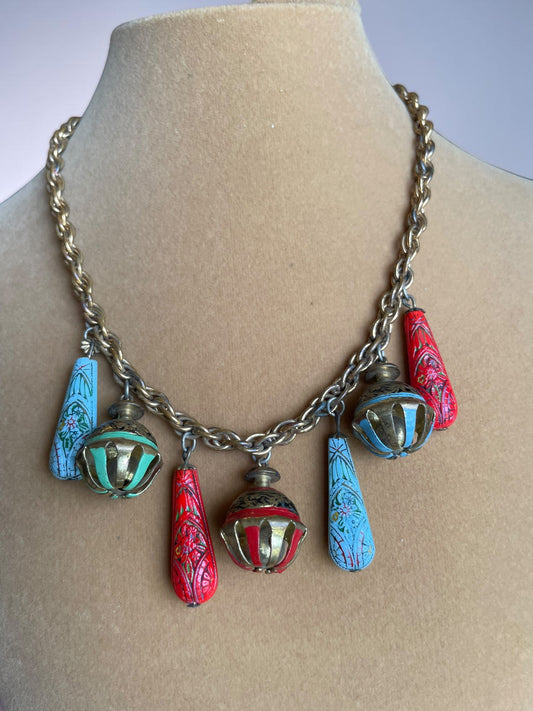 Art Nouveau Egyptian Painted Glyph Molded Art Glass & Bell Charm Necklace