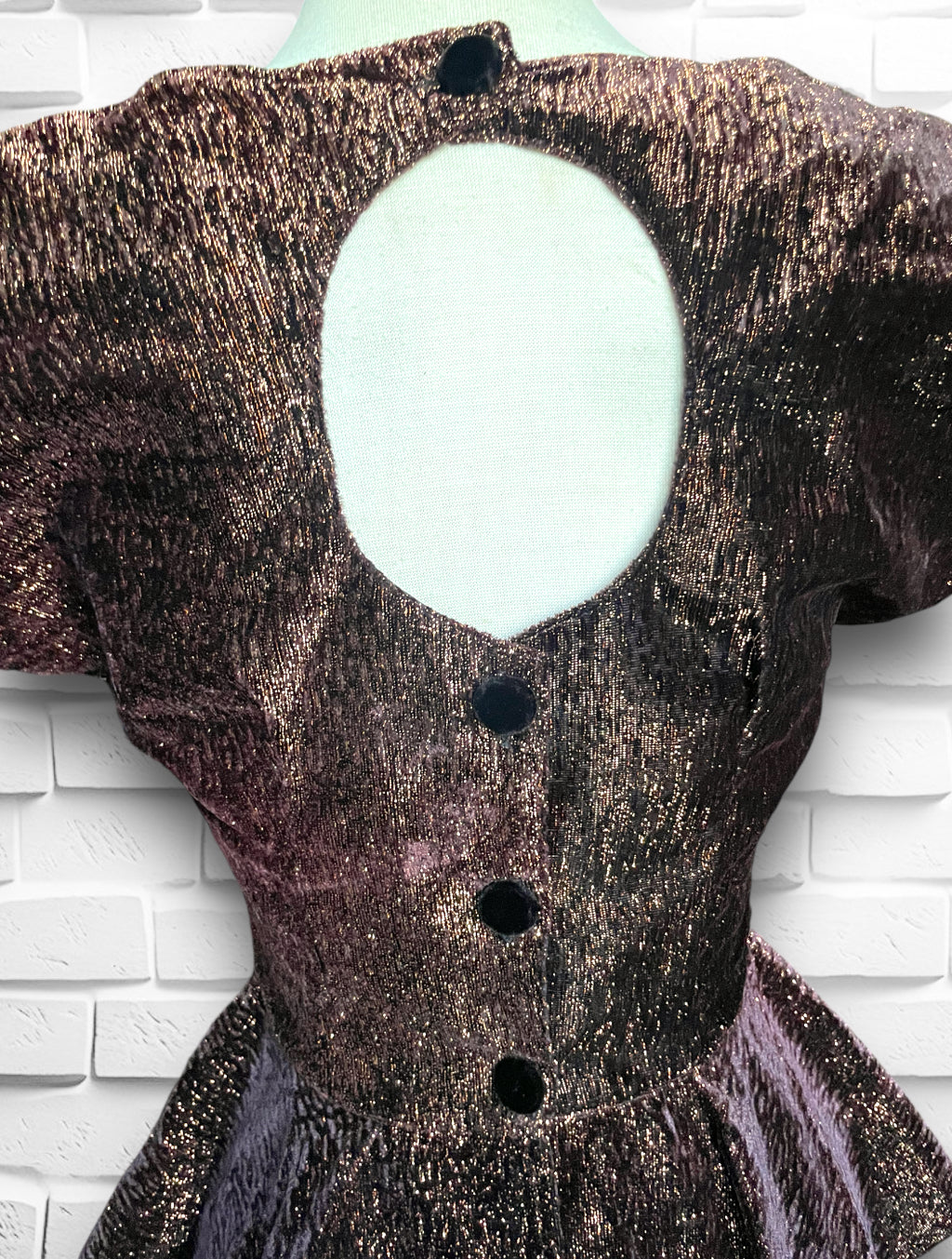 1980 Copper Metallic Peplum Blouse w/ Velvet Bow, Keyhole Back & Black Buttons