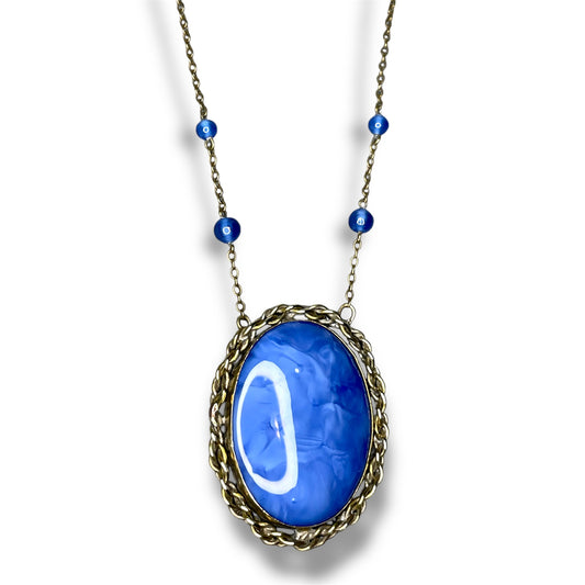 Art Nouveau Czech Blue Marbled Art Glass Pendant Necklace