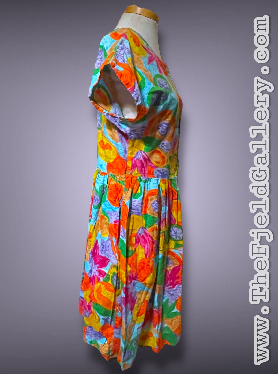 1990’s Bright Rainbow Flower & Fruit Pattern Button Bust Pocket Dress