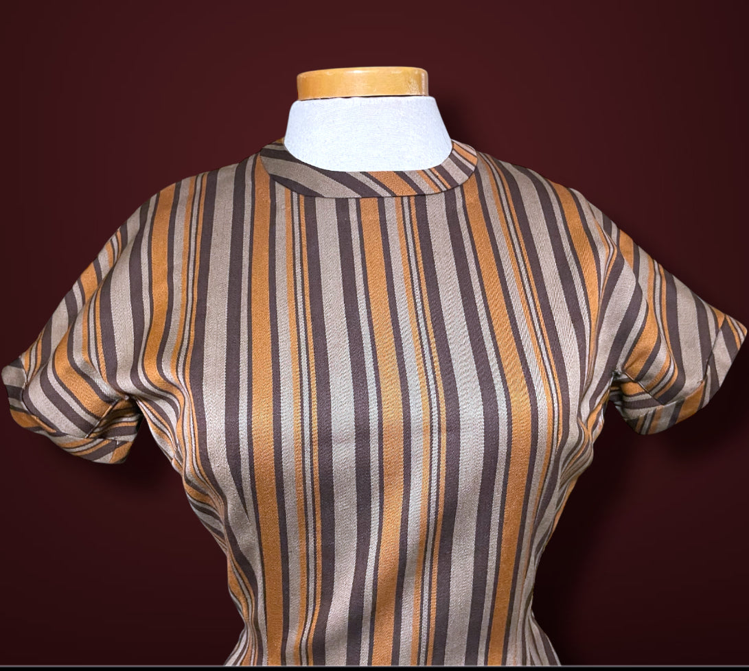 Amazing 1970’s Striped Brown, Tan & Orange Short Sheath Dress