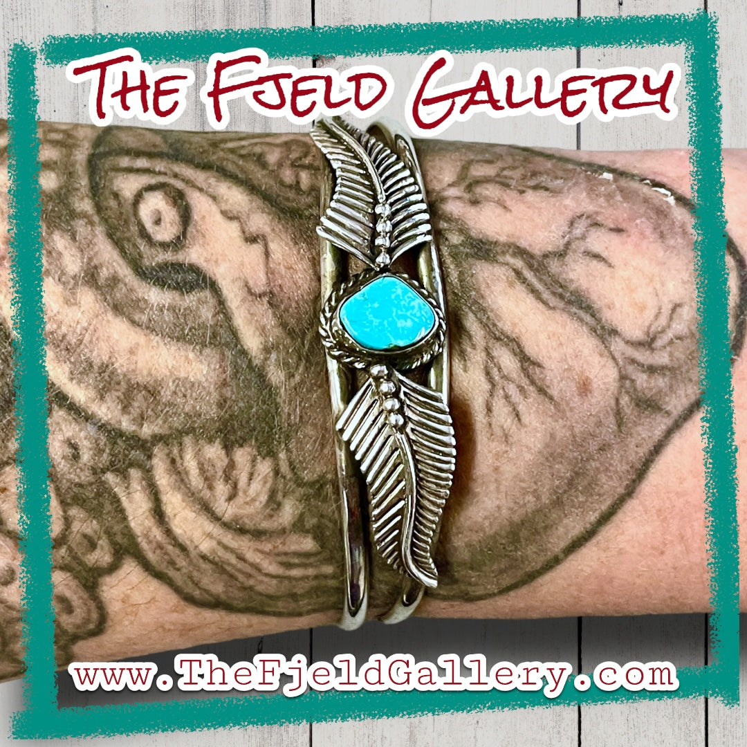 Native American Turquoise Double Leaf Sterling Silver Cuff Bracelet