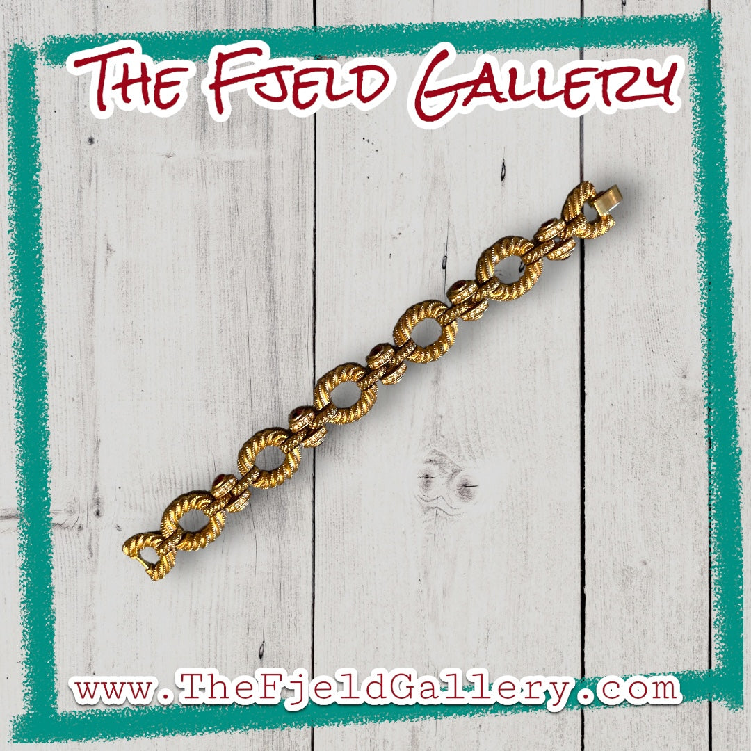 Hollywood Regency Gold Link Bracelet with Ruby Red & Crystal Rhinestones