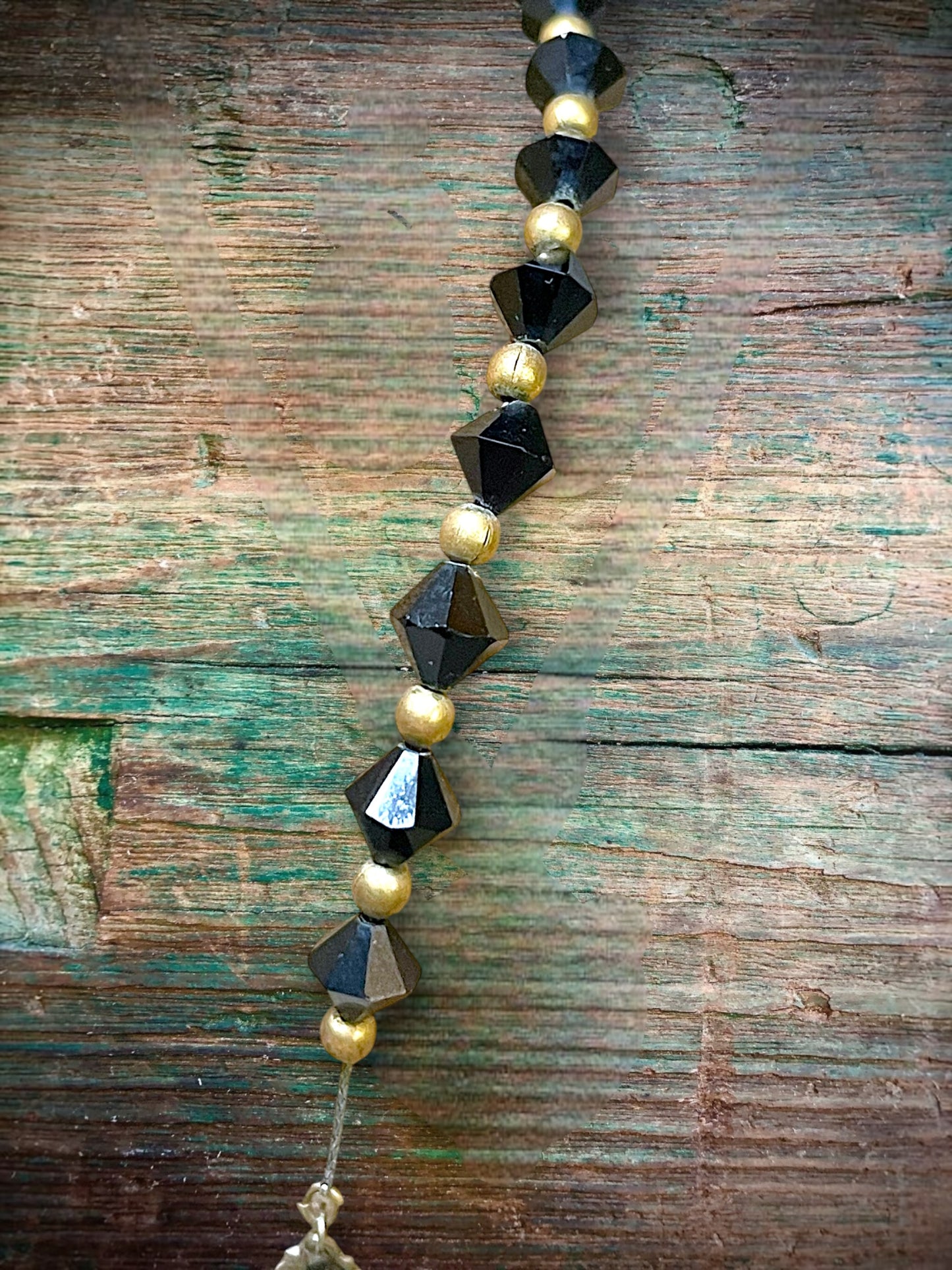 Victorian Mourning Black Crystal & Brass Saw-blade Gothic Chain Necklace