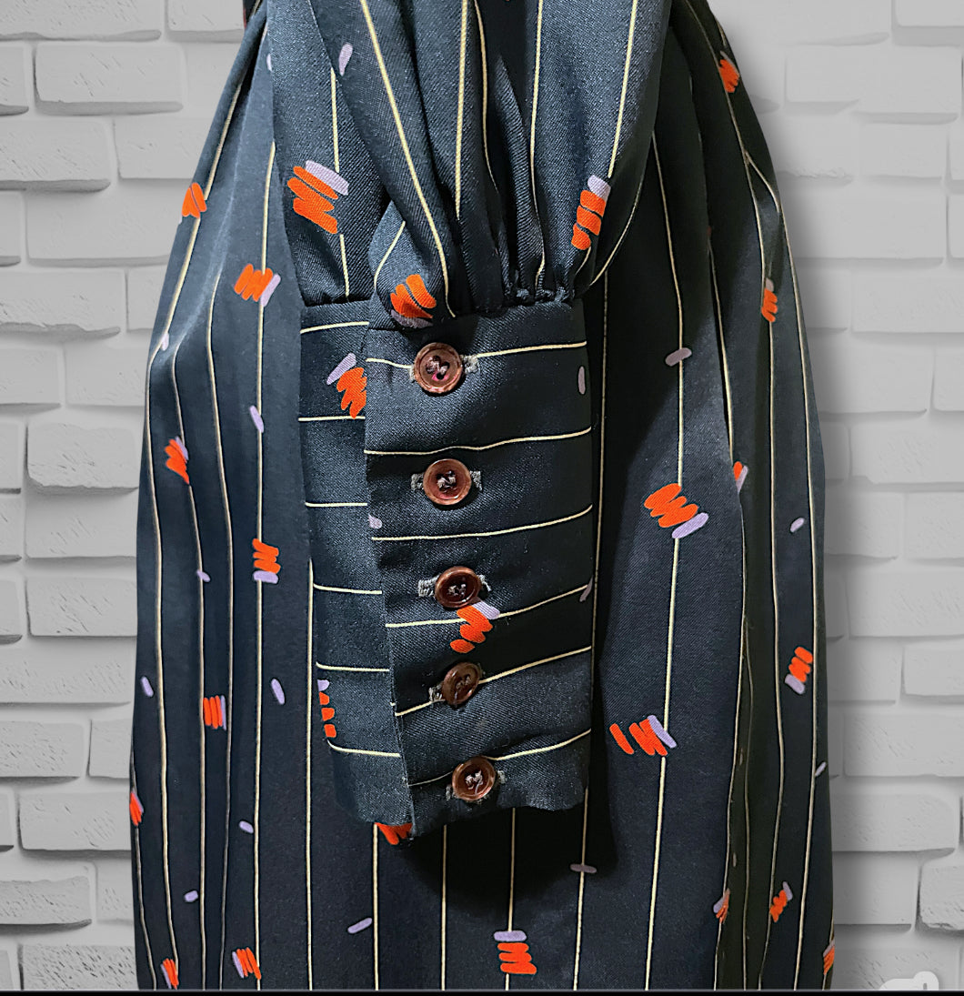 1970’s Navy Blue Pinstripe, Red & Purple Pattern Long-sleeve Pocket Belted Dress