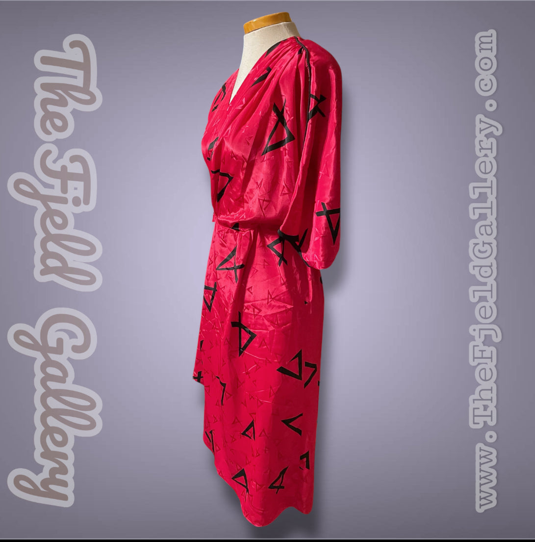 1980’s Magenta Pink Black Abstract Geometric Print Pleated Wrap Dress