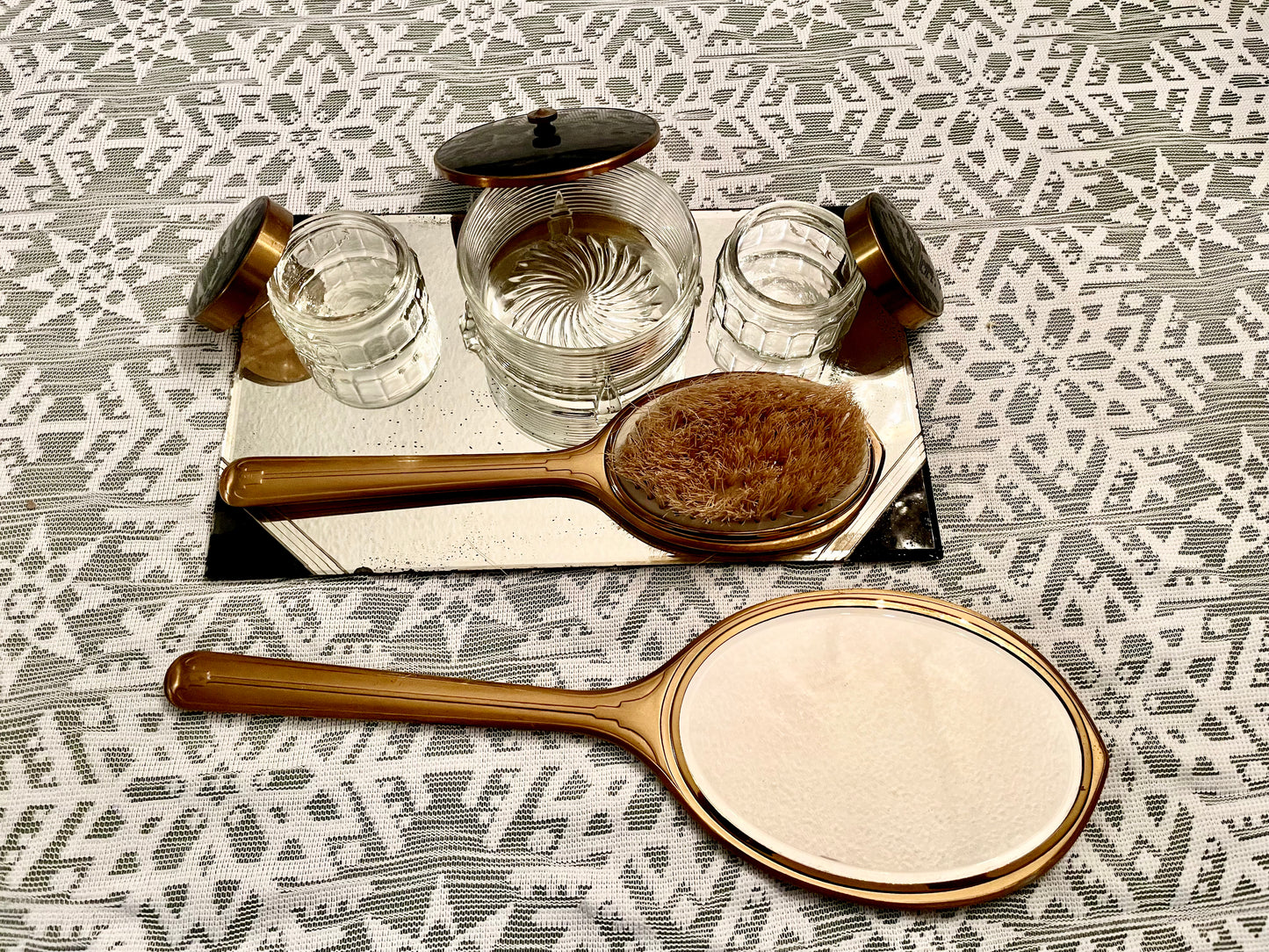 1950’s Mid Century Modern Vintage Black, Gold & Glass Mirror Vanity Set: Hand mirror, Hairbrush & Glass Jars