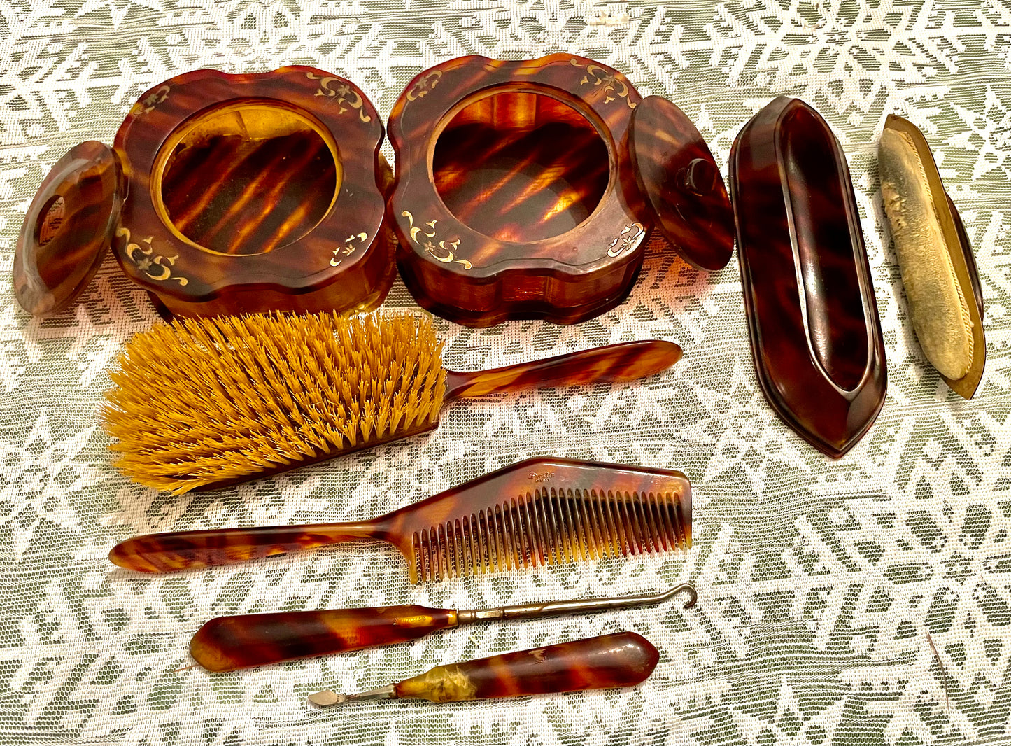 1920’s La Belle Tortoise Shell Pyralin Celluloid 7 pcs Vanity Set: Hand Mirror, Hair Brush & more