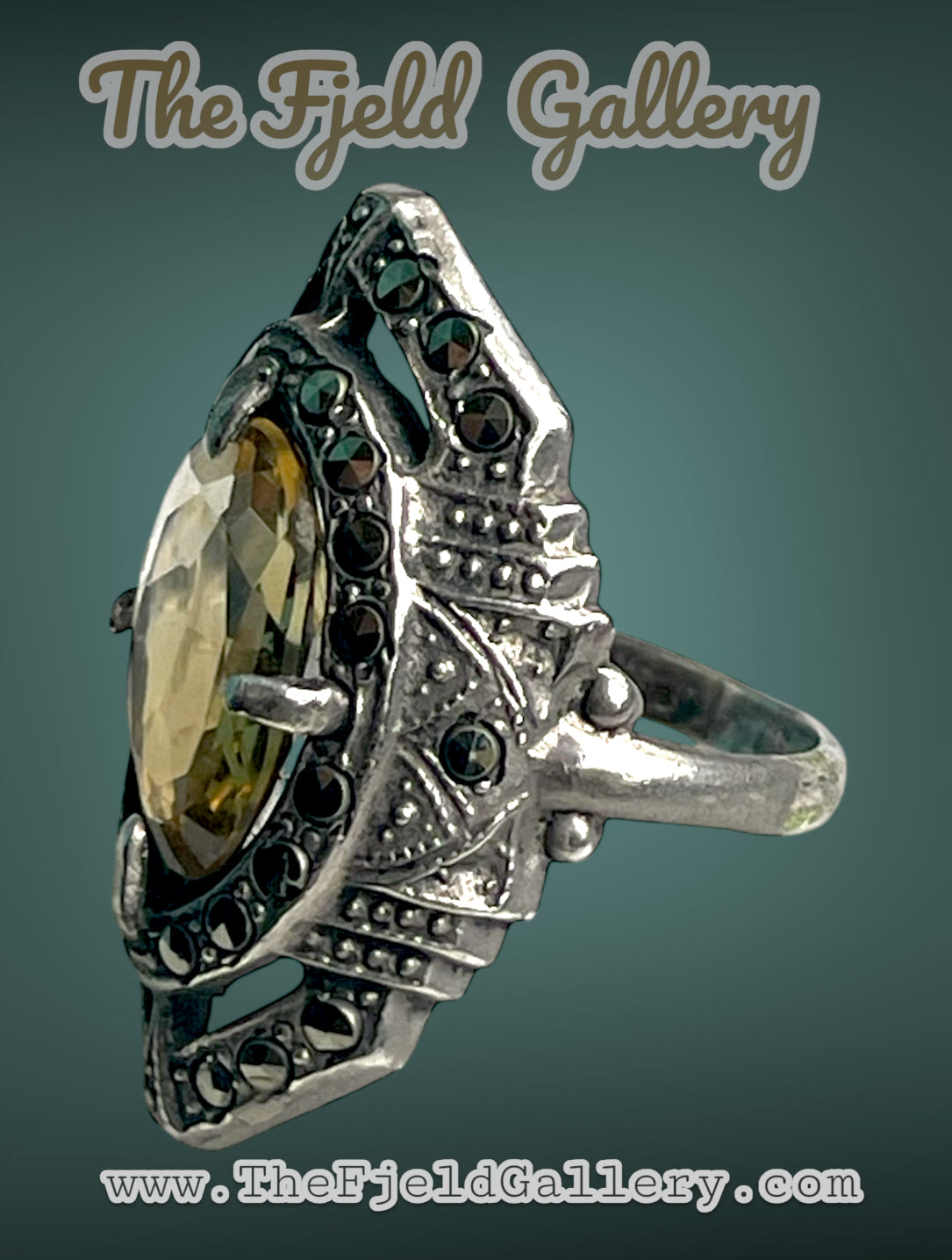 Citrine Art Deco Sterling Silver & Marcasite Ring