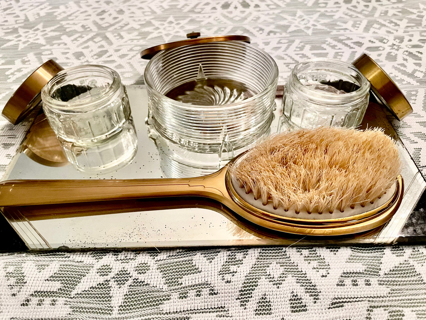1950’s Mid Century Modern Vintage Black, Gold & Glass Mirror Vanity Set: Hand mirror, Hairbrush & Glass Jars