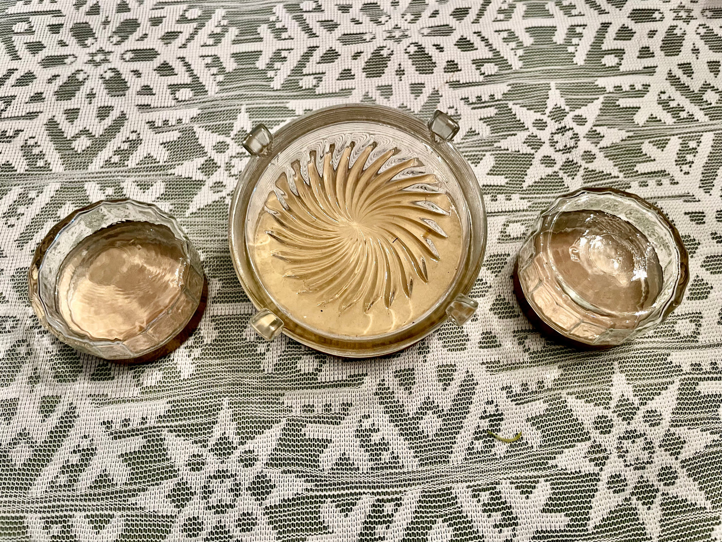 1950’s Mid Century Modern Vintage Black, Gold & Glass Mirror Vanity Set: Hand mirror, Hairbrush & Glass Jars
