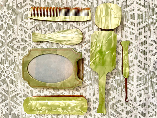 1920’s Green Marble Celluloid 7 pcs Vanity Set