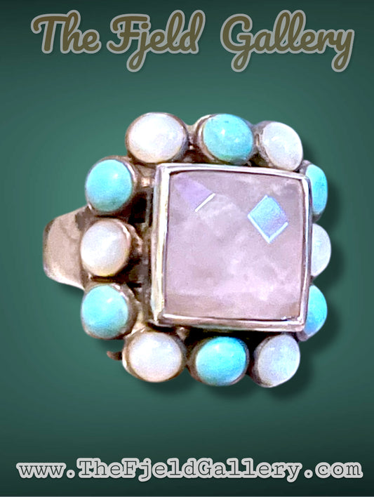 Rose Quartz Sterling Silver Turquoise & Mother of Pearl Gemstone Ring sz 6